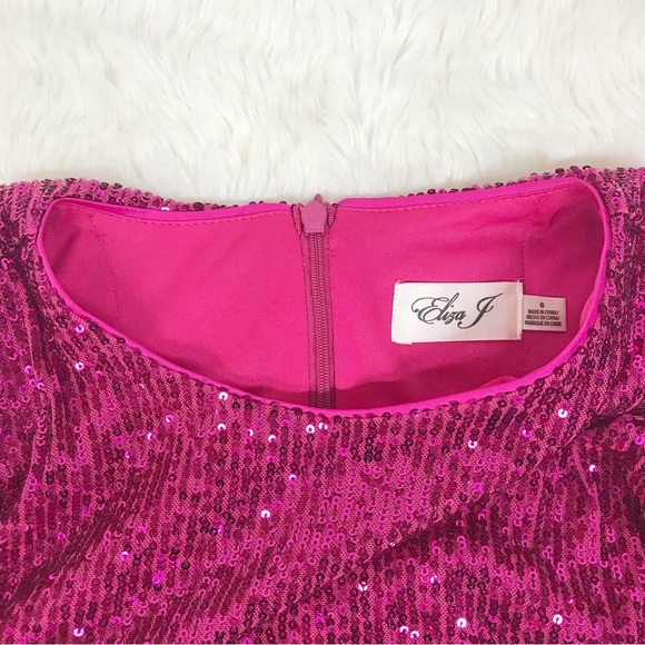 ELIZA J Hot Pink Sequin Long Sleeve Mini Dress Formal Cocktail Party‎ Size 6 New - Picture 6 of 15